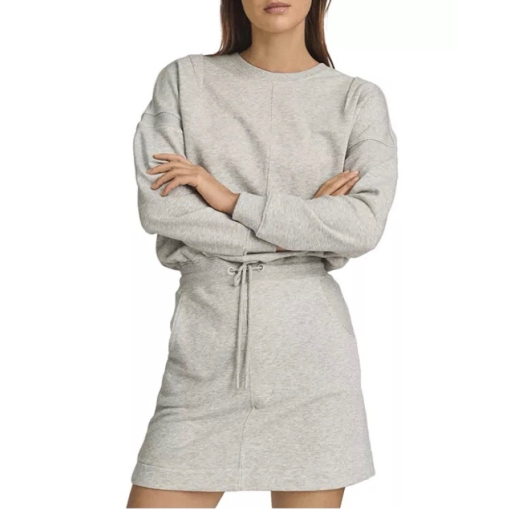 $295 NWT Reiss Jetta Gray Crew Neck Gathered Waist Sweat Mini Dress Size M